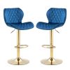 Dark Blue Velvet Adjustable Swivel Bar Stools Set Of 2 Modern Counter Height Barstools With Golden Color Base