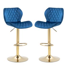 Dark Blue Velvet Adjustable Swivel Bar Stools Set Of 2 Modern Counter Height Barstools With Golden Color Base