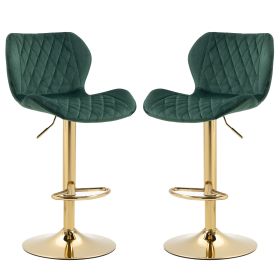 Green Velvet Adjustable Swivel Bar Stools Set Of 2 Modern Counter Height Barstools With Golden Color Base