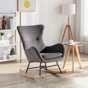 Velvet Fabric Padded Seat Rocking Chair With High Backrest And Armrests