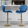 Dark Blue Velvet Adjustable Swivel Bar Stools Set Of 2 Modern Counter Height Barstools With Golden Color Base