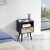 15.75" Rattan End table with Power Outlet & USB Ports ; Modern nightstand with drawer and solid wood legs; side table for living roon; bedroom; black