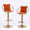 Orange velvet bar chair, pure gold plated, unique design,360 degree rotation, adjustable height,Suitable for dinning room and bar,set of 2