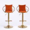 Orange velvet bar chair, pure gold plated, unique design,360 degree rotation, adjustable height,Suitable for dinning room and bar,set of 2