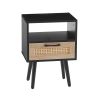 15.75" Rattan End table with Power Outlet & USB Ports ; Modern nightstand with drawer and solid wood legs; side table for living roon; bedroom; black