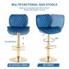 Dark Blue Velvet Adjustable Swivel Bar Stools Set Of 2 Modern Counter Height Barstools With Golden Color Base