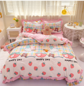 Cotton 100 Princess Wind Quilt Cover Cartoon Student Dormitory Bed (Option: Strawberry Land-1.5m bed sheet set of four)