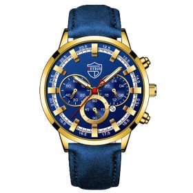 Fashion Mens Watches Luxury Men Sports Gold Stainless Steel Quartz Wrist Watch Man Business Casual Leather Watch часы мужские (Color: Leather Gold Blue)